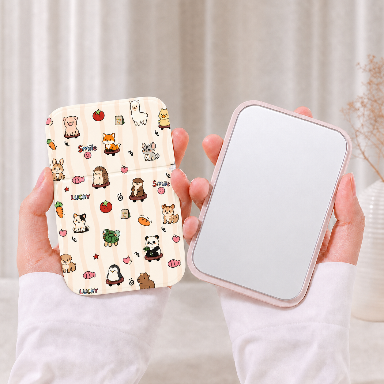 Cute Cartoon Animal Print Folding Compact Mirror, PU Leather Standable Pocket Makeup Mirror, Portable Travel Cosmetic Mirror For Kids Girls Gift Wholesale Custom