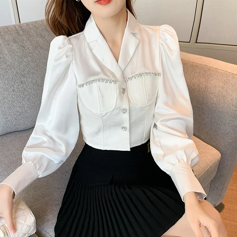 French Temperament Bubble Sleeve White Satin Shirt Woman - White