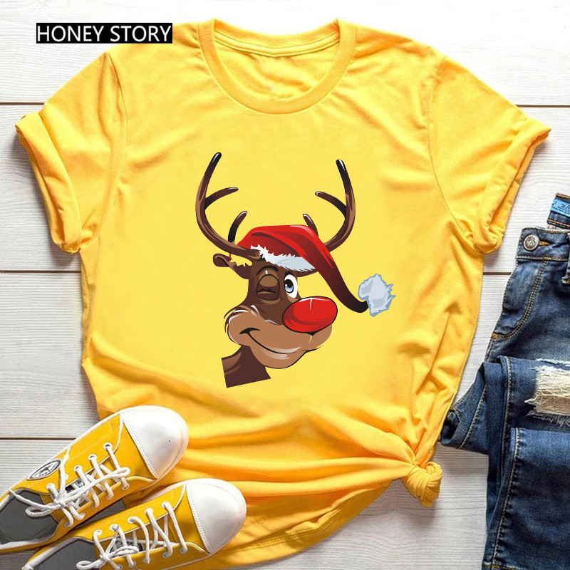 Merry Christmas T Shirt Santa Elk Men''s And Women''s Red Couple Short Sleeve Top