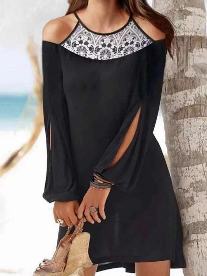 Cutout Off Shoulder Long Sleeve Resort Boho Dress