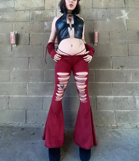 Slim Fit Hollow Out Drawstring Spicy Girls' Bell Pants Red - Shop at LoveMi