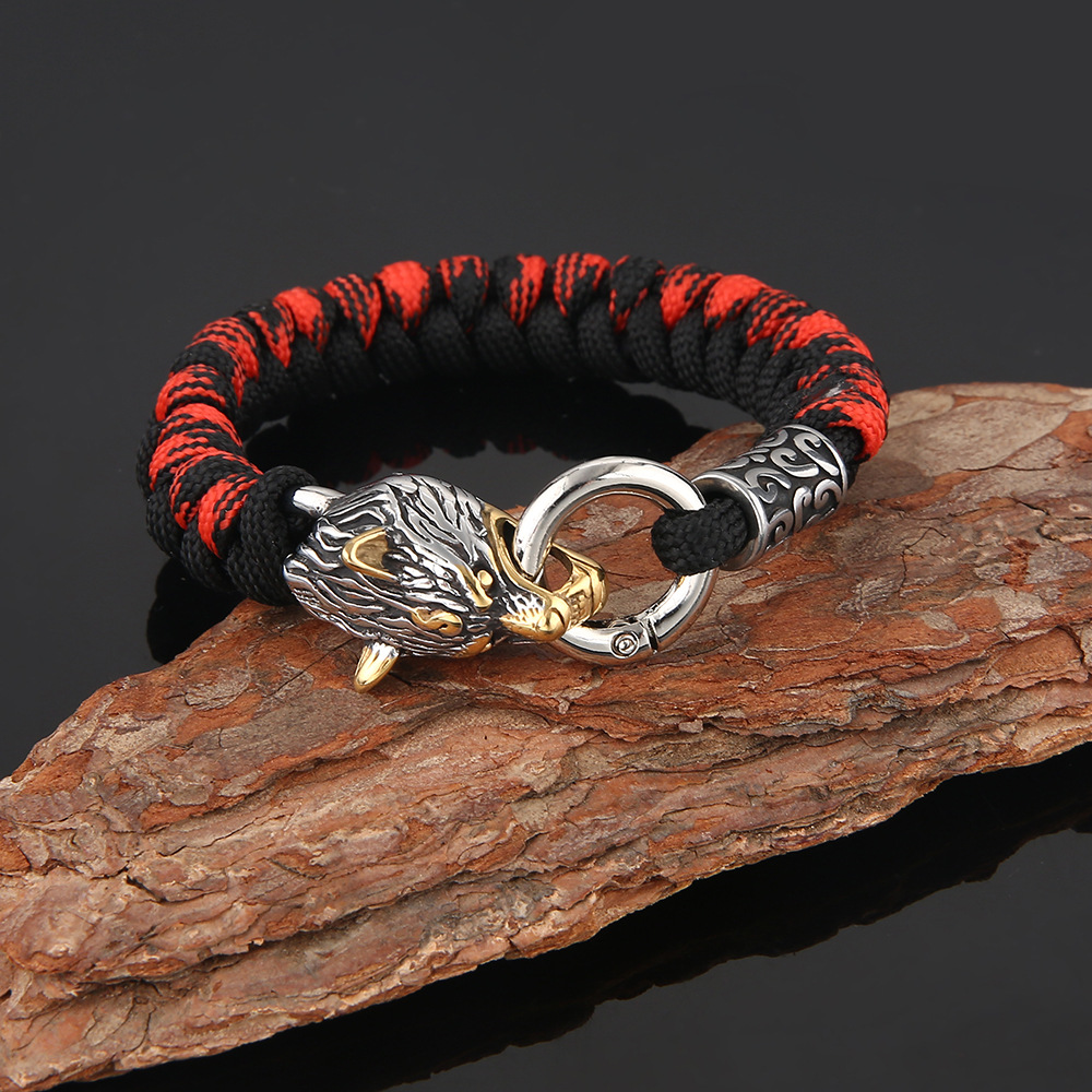 Men's Vintage Gold Wolf Head Two Tone Paracord Braided Bracelet