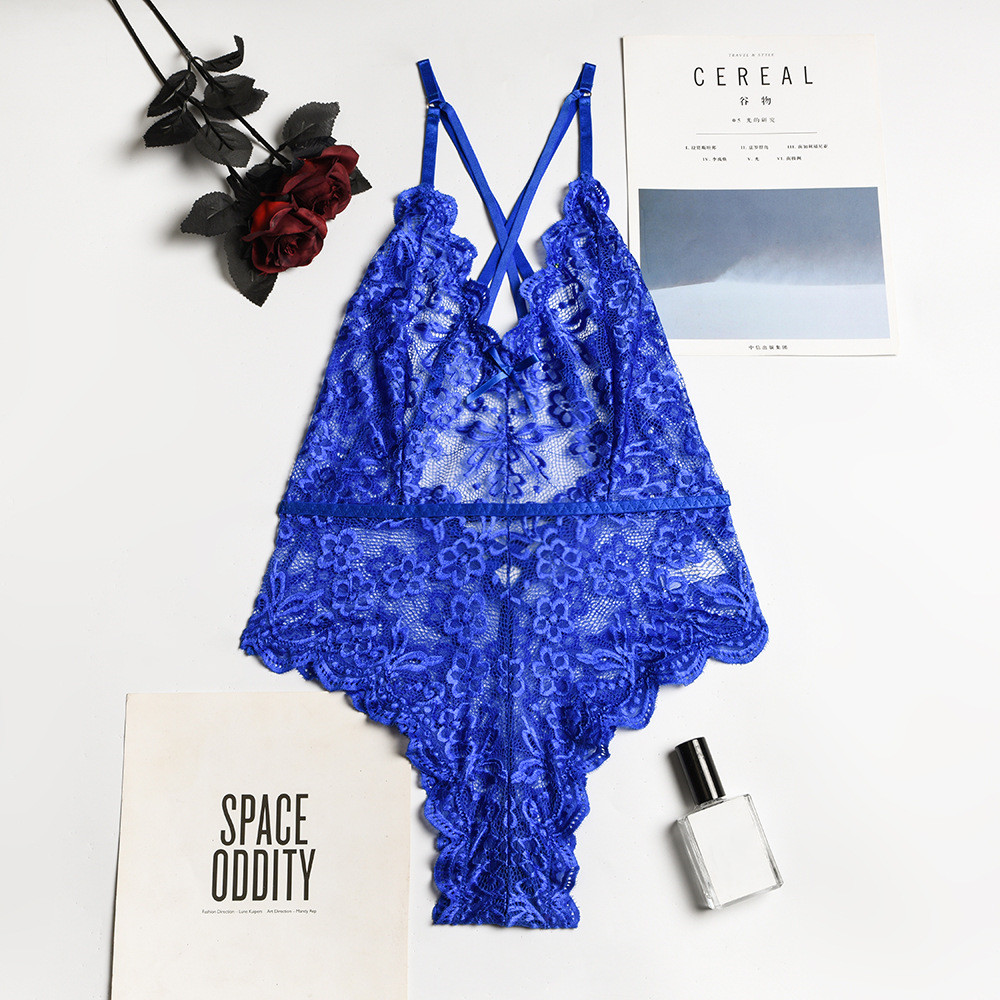 Women's Lace Thin See Through Strap Crossover Bodysuit Blue - Shop at LoveMi