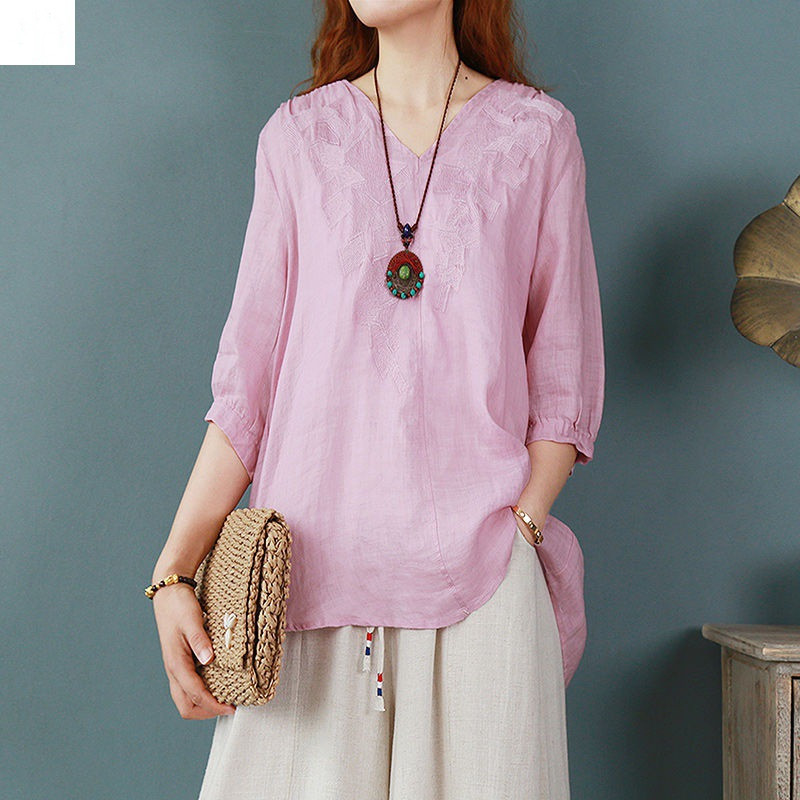 Cotton And Linen Summer Front Short Back Long Embroidered T-shirt Loose Women's Top