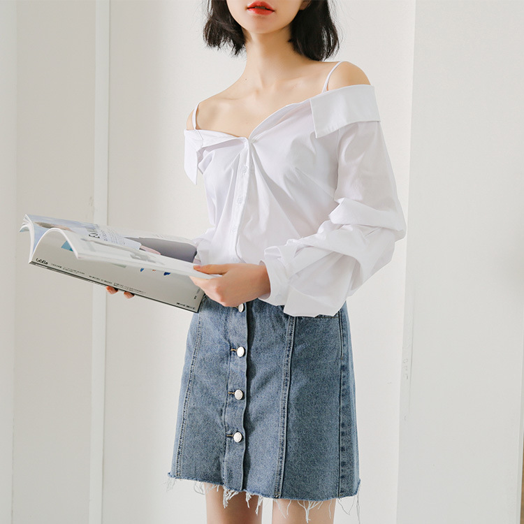 One-shoulder Sling V-neck Puff Sleeve Long-sleeved Shirt Women