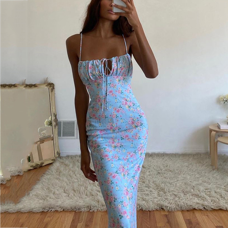 Floral Ruffle Back Tie Halter Maxi Bodycon Mermaid Dress With Multiple Patterns