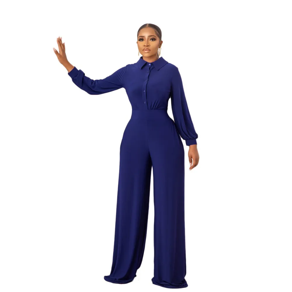 Europe And America Solid Color Casual Women's Jumpsuit - Blue