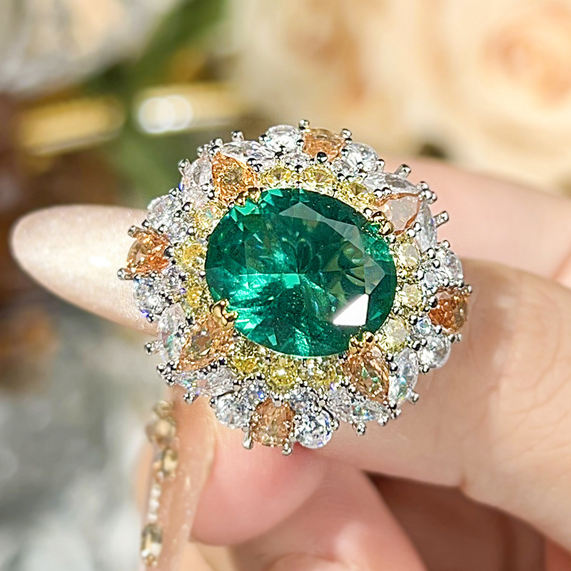 Luxury Oval Cut Simulated Emerald Ring, Multi Color Gemstone Pave Setting Statement Ring For... thumbnail 3