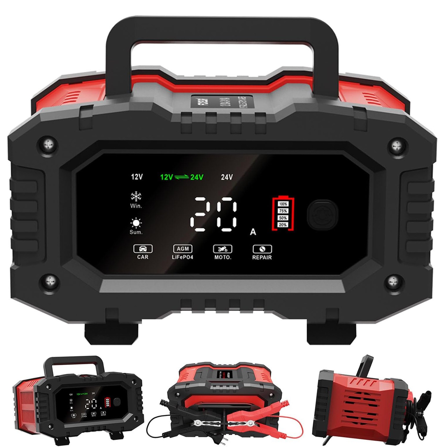 20A 12V 24V 20 Amp Car Battery Smart Charger For Lead Acid LiFePo4 AGM Battery