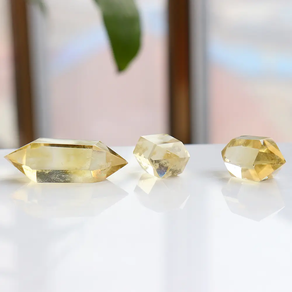 Natural Citrine Double-pointed Hexagonal Crystal Column Rough Polished