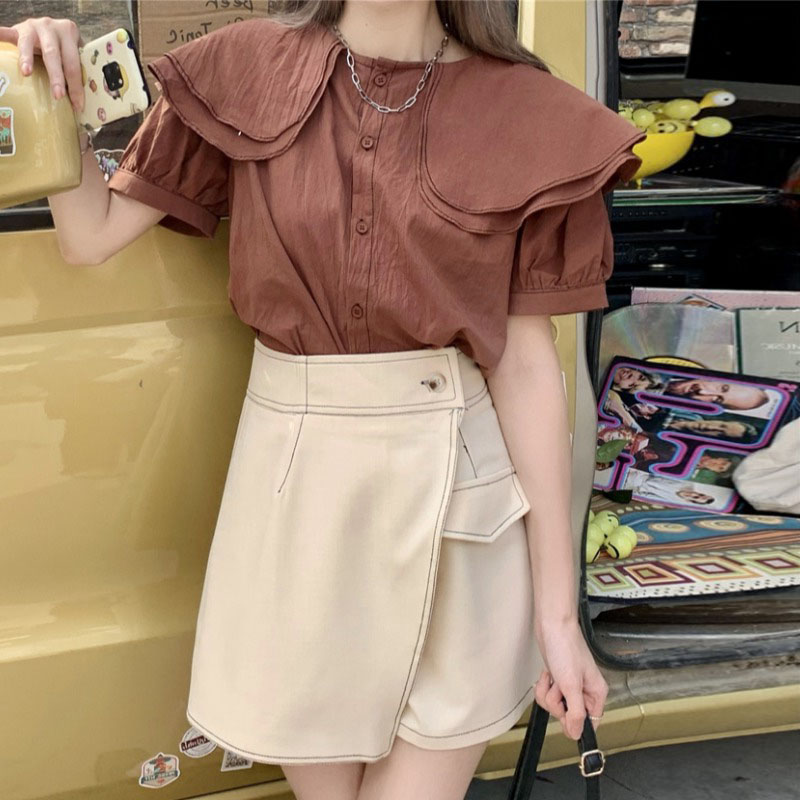Retro Double-Layer Large Lapel Design Small Shirt, High-Waist Contrast Color Top-Stitched Skirt Pants Short Suit