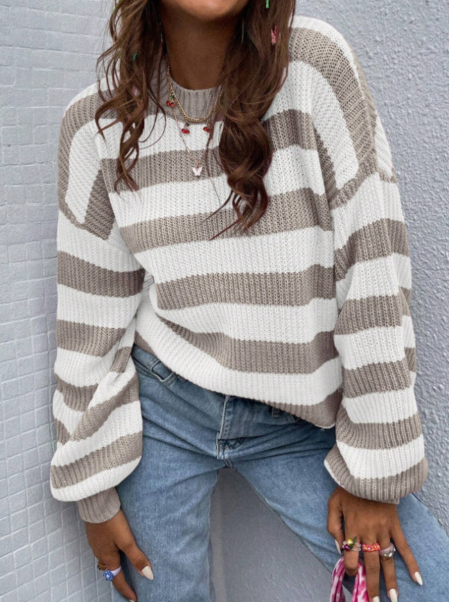 Striped Pattern Drop Shoulder Sweater,Long Sleeve Tops