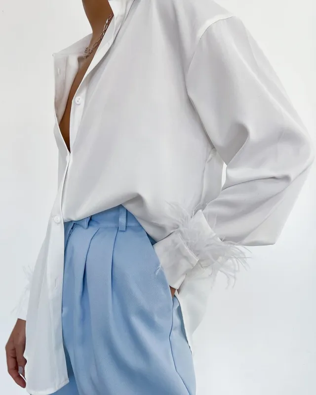 Europe And The United States Fashion Casual Shirt Hundred With Women's Ice Silk Feathers Stitching Design Sense Ostrich Feathers White - Shop at LoveMi