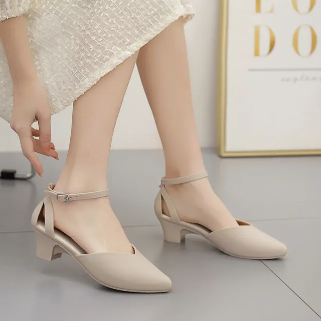 Pointed Shallow Mouth All match Thick Heel Buckle Sandals Beige - Shop at LoveMi