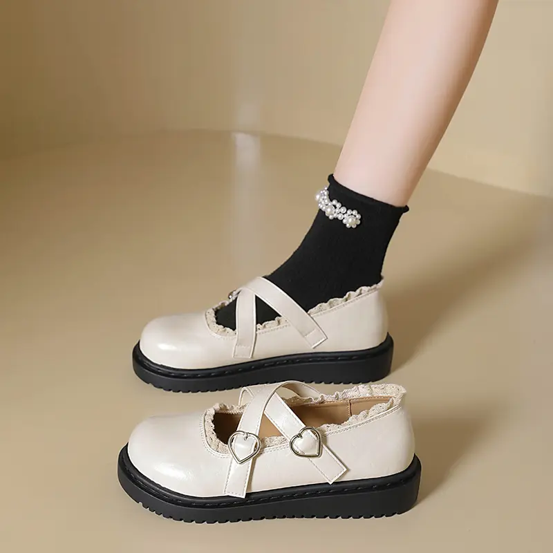 Women Sweet Lolita Lace Ruffle Heart Buckle Crisscross Strap Mary Jane Platform Flats, Round Toe Glossy Wrinkled Leather Preppy JK Casual Student Doll Shoes