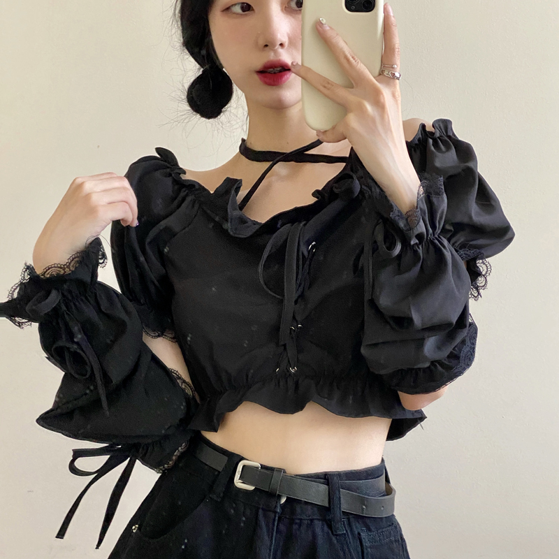 Ladies Summer High Waist Show Navel One Shoulder Short Sleeves