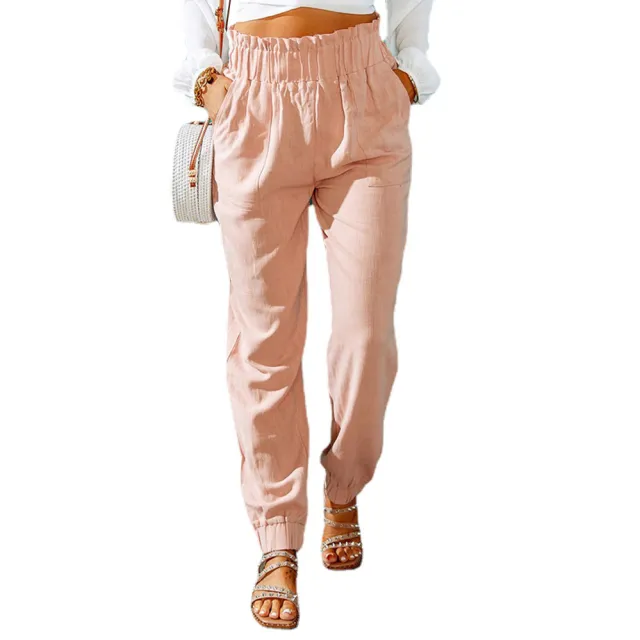 New Casual Pants European And American Ruffled Elastic Belt High Waist Trousers Pink - Shop at LoveMi
