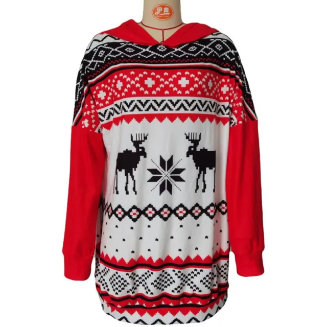 Christmas Elk Print Long sleeved Hooded Sweater Women White - Shop at LoveMi