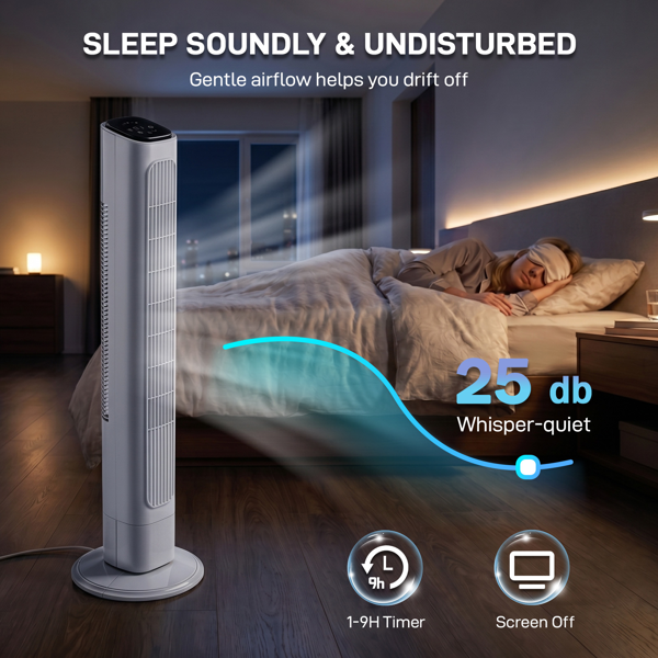 US Standard RTW-GR36 Tower Fan, 110V 45W, 36 Inch, Column Shape, White Plastic Body, Copper Motor, Touch & Remote Control, 3 Speeds, 3 Modes, Oscillating Function, 9-Hour Timer, For Home Use — foto 2