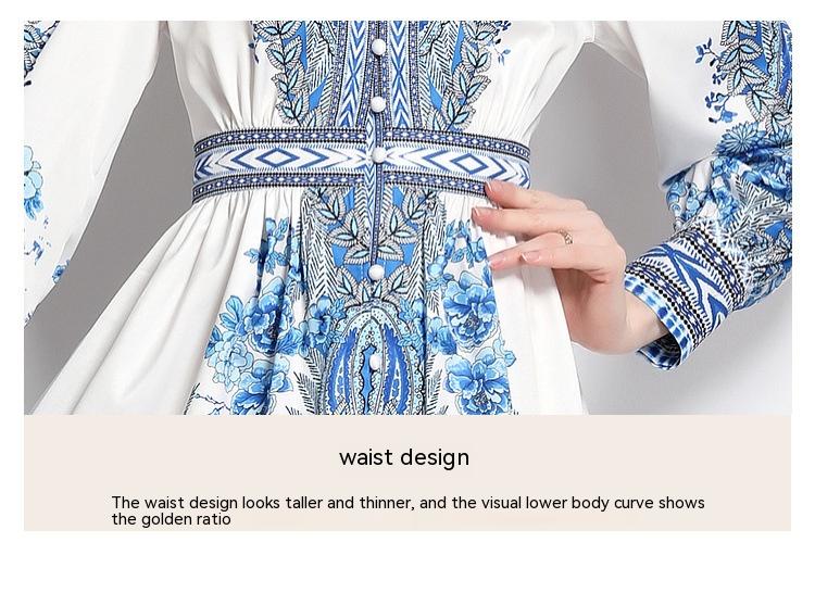 V-neck Single Breasted Lantern Sleeve Waist Dress - 11