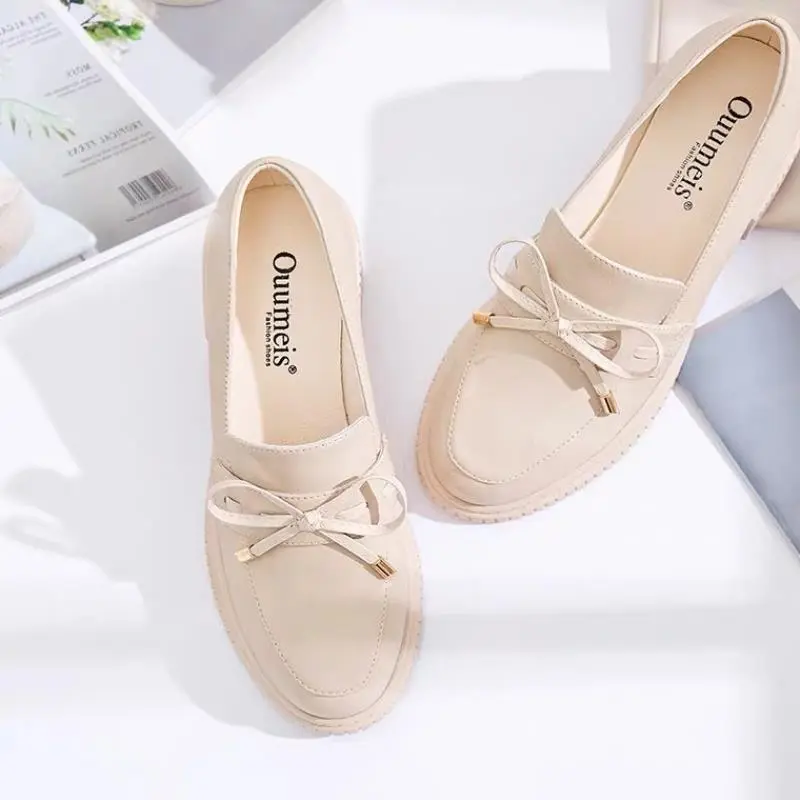 British College Style Round Toe Small Leather Shoes All-match Loafers - Beige
