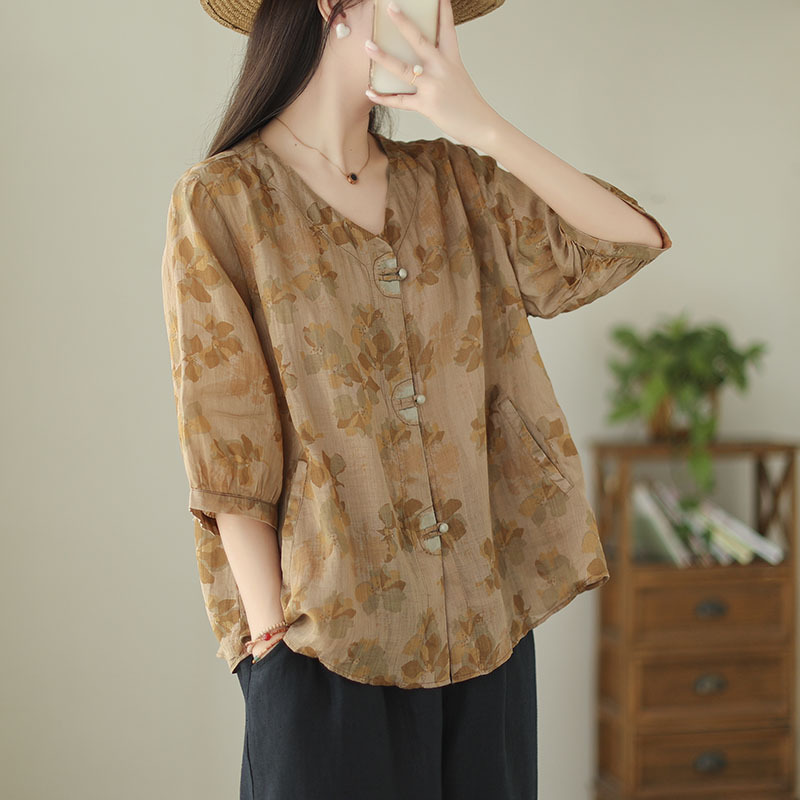 Women's Fashionable Simple Ramie Printed Shirt Top