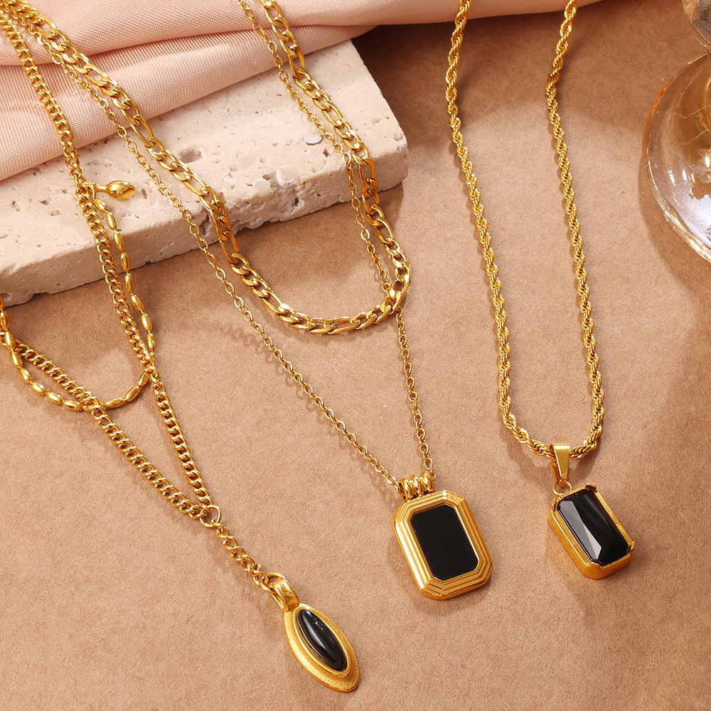 Vintage Stackable Double Layer Oval Black Onyx Pendant Necklace, 18K Gold Plated Square Black Zircon Clavicle Chain
