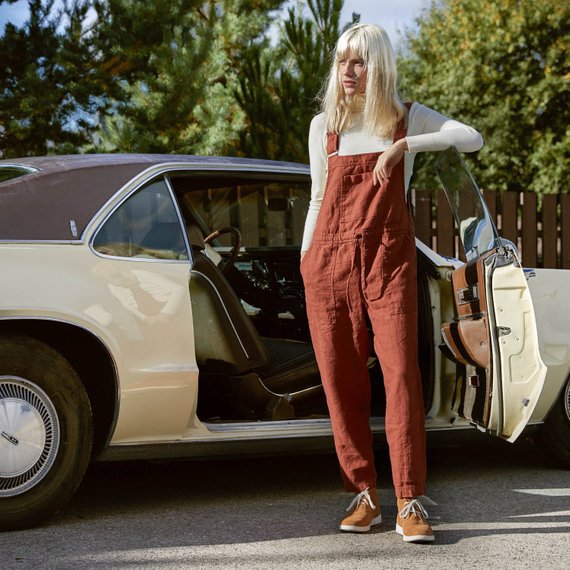 Solid Color Loose-fitting Large Size Cotton And Linen Pocket Lace-up Overalls