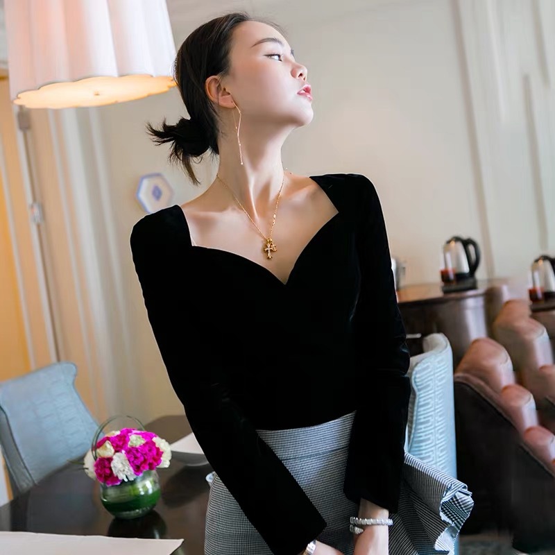 Velvet V-neck Sexy Off-the-shoulder Slim-waisted Clavicle Top