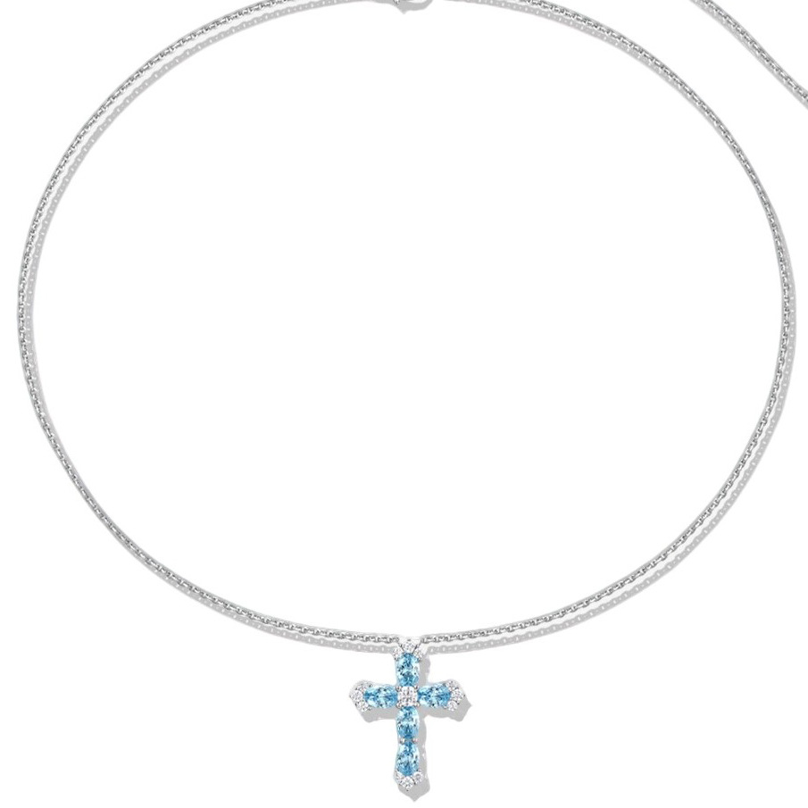 French Elegant Summer Versatile Cross Necklace, Santorini Blue Full Rhinestone Clavicle Pendant Jewelry For Women — view 5