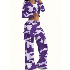 Women's Camouflage Print 2-Piece Set, V-Neck Single Button Crop Top & Drawstring Cargo Pants For Spring Fall - Purple - View 1