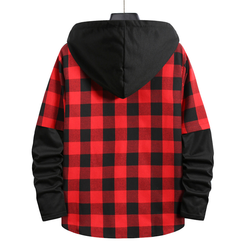 Men's Fashionable Plaid Patchwork Hooded Casual Shirt