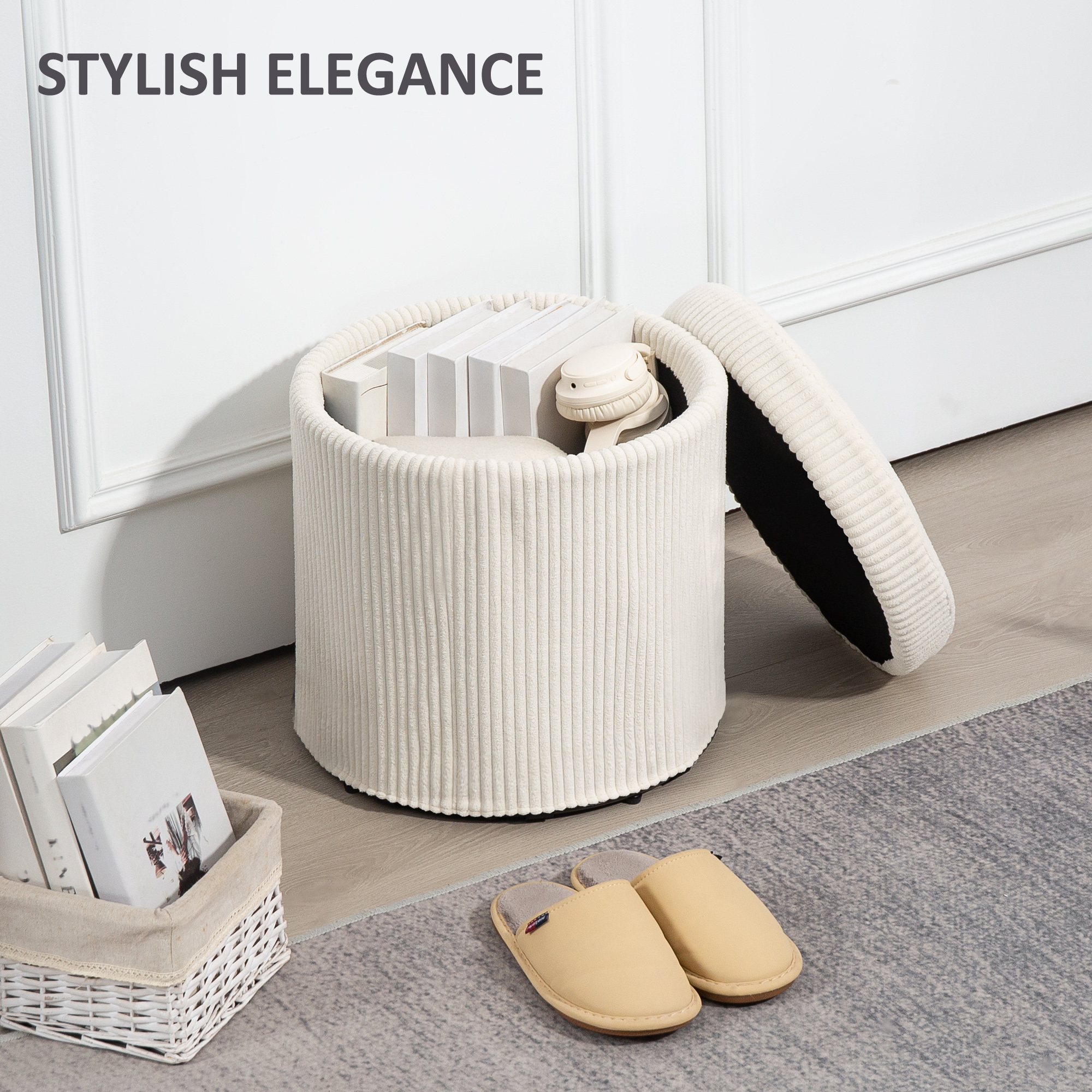 40cm Round Storage Footstool, Made Of Corduroy Material, With Detachable Lid — image 6