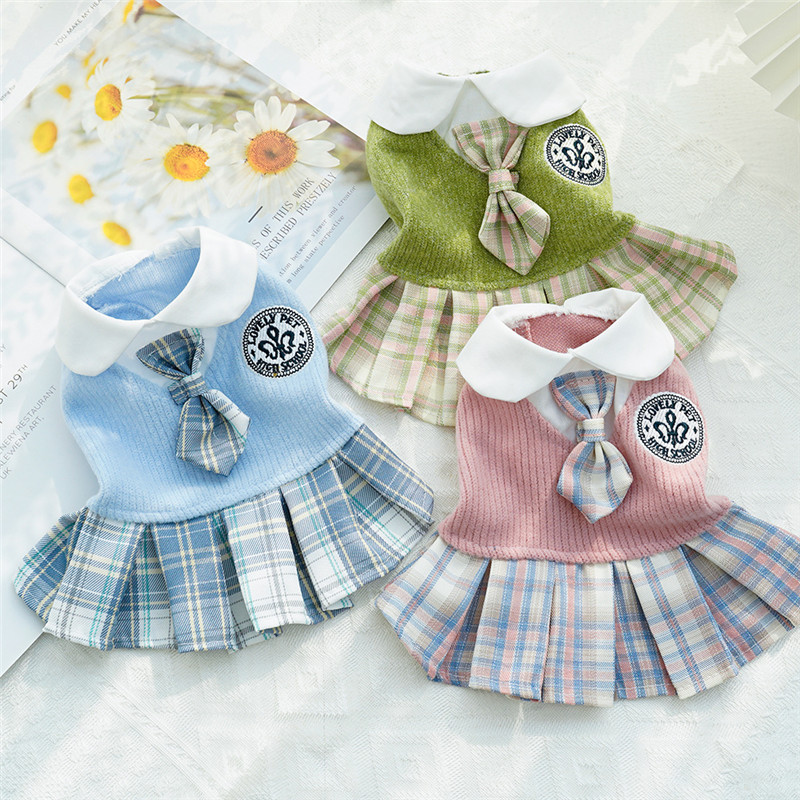 College Style Dog Dress For Small Dogs, Plaid Skirt, Pink,Blue,Green, Spring Dog Clothes, Cat, Chihuahua,