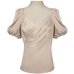 Women's V-neck Puff Sleeve Short Sleeve Shirt With Acetate Satin - White - View 1