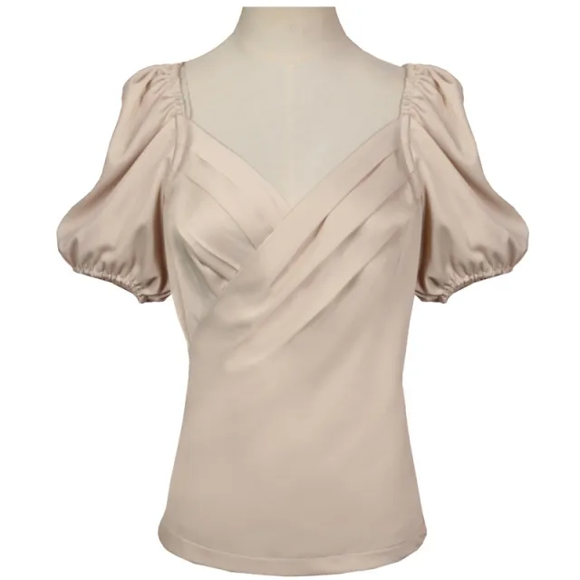 Women's V neck Puff Sleeve Short Sleeve Shirt With Acetate Satin White - Shop at LoveMi