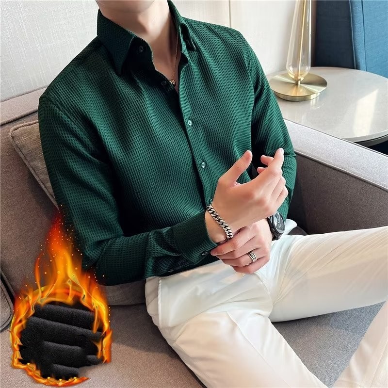 Ruffian Handsome V-neck Shirt Men's Long Sleeved Plush In Autumn And Winter