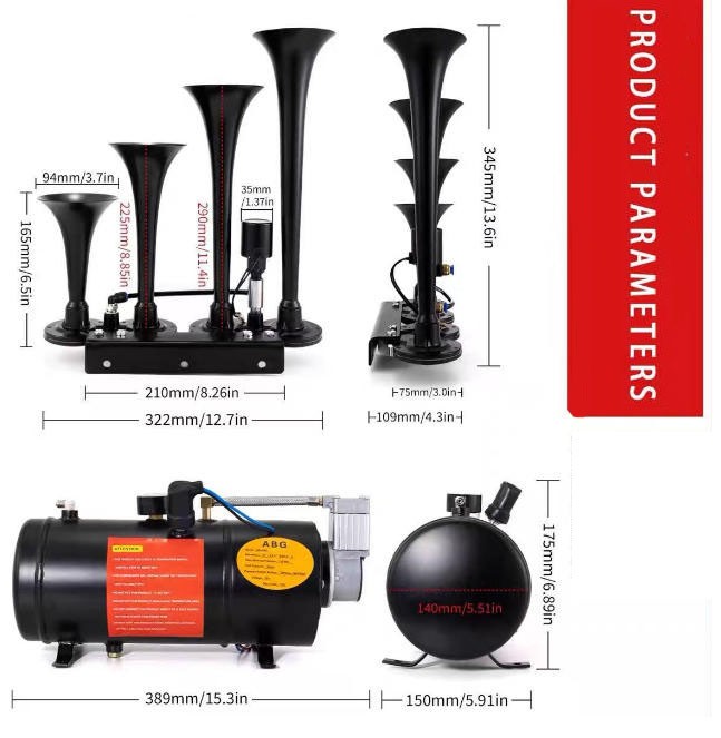 Air Horn Truck Train Horns Kit 12 Volt With Compressor 4 Trumpet 150db Black