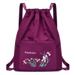 Lightweight Ladies Travel Bag Drawstring Embroidered Nylon Fabric - Red - View 1