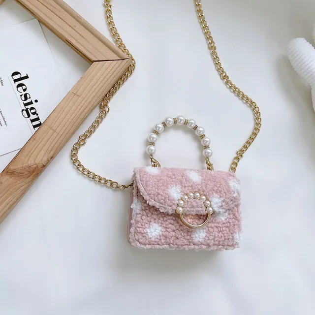 Lamb Hair Wave Point Child Girl Pearl Bag Pink - Shop at LoveMi