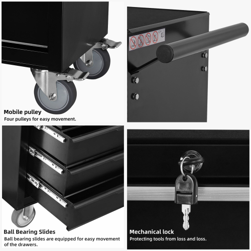 7-Drawer Rolling Tool Chest Cabinet, Large Capacity Metal Tool Box With Wheels And Cylinder Locking, Roll Around Storage Organizer Tool Cart For Garage, Warehouse, Work Shop - Black 3