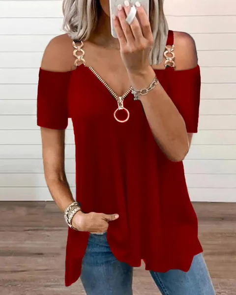 Low Cut Metal Strap Zippered Off Shoulder T Shirt Red - Shop at LoveMi