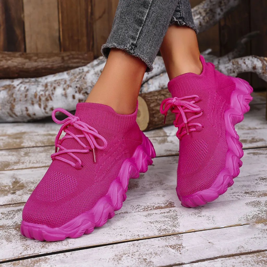 Lace-up Sneakers Lightweight Breathable Mesh Shoes Slip-on Running Walking Shoes For Women - Red