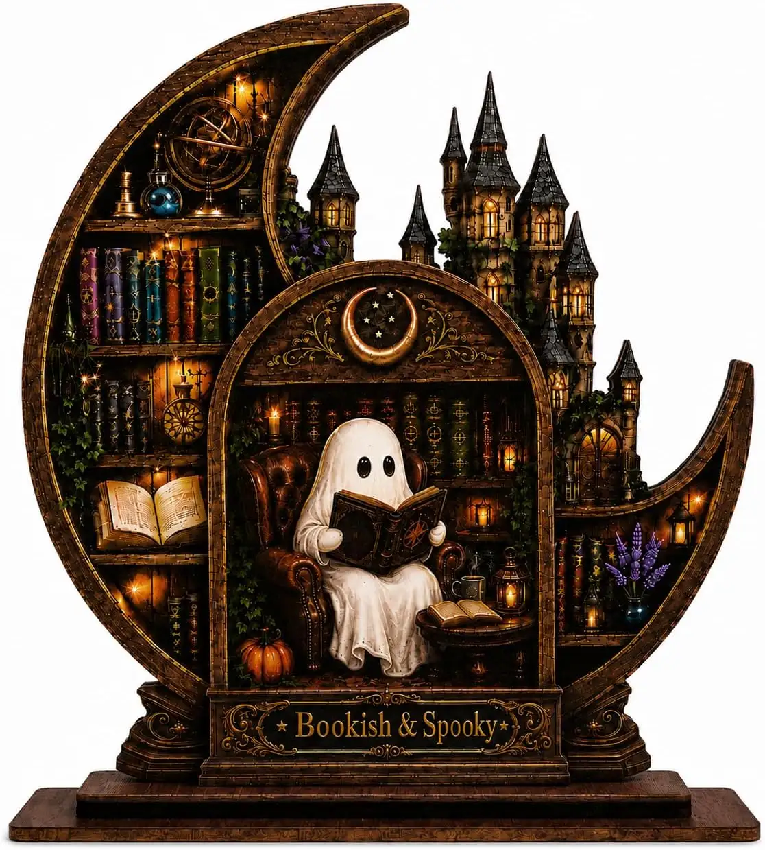 Bookish Spooky Halloween Decor, Castle Bookshelf Scene