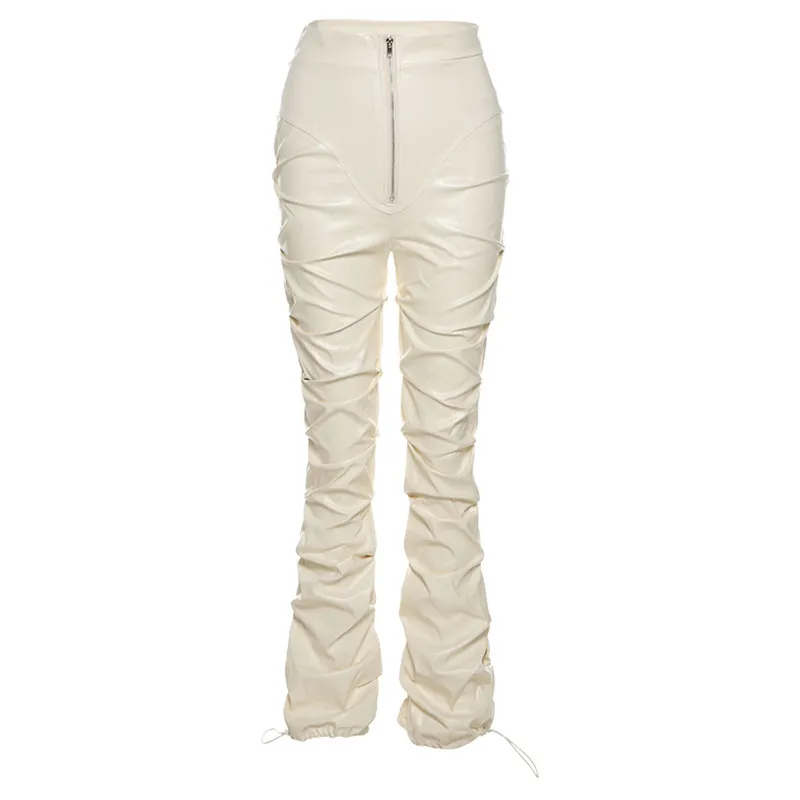 Fashion Street Shooting Casual Faux Leather Trousers - Apricot