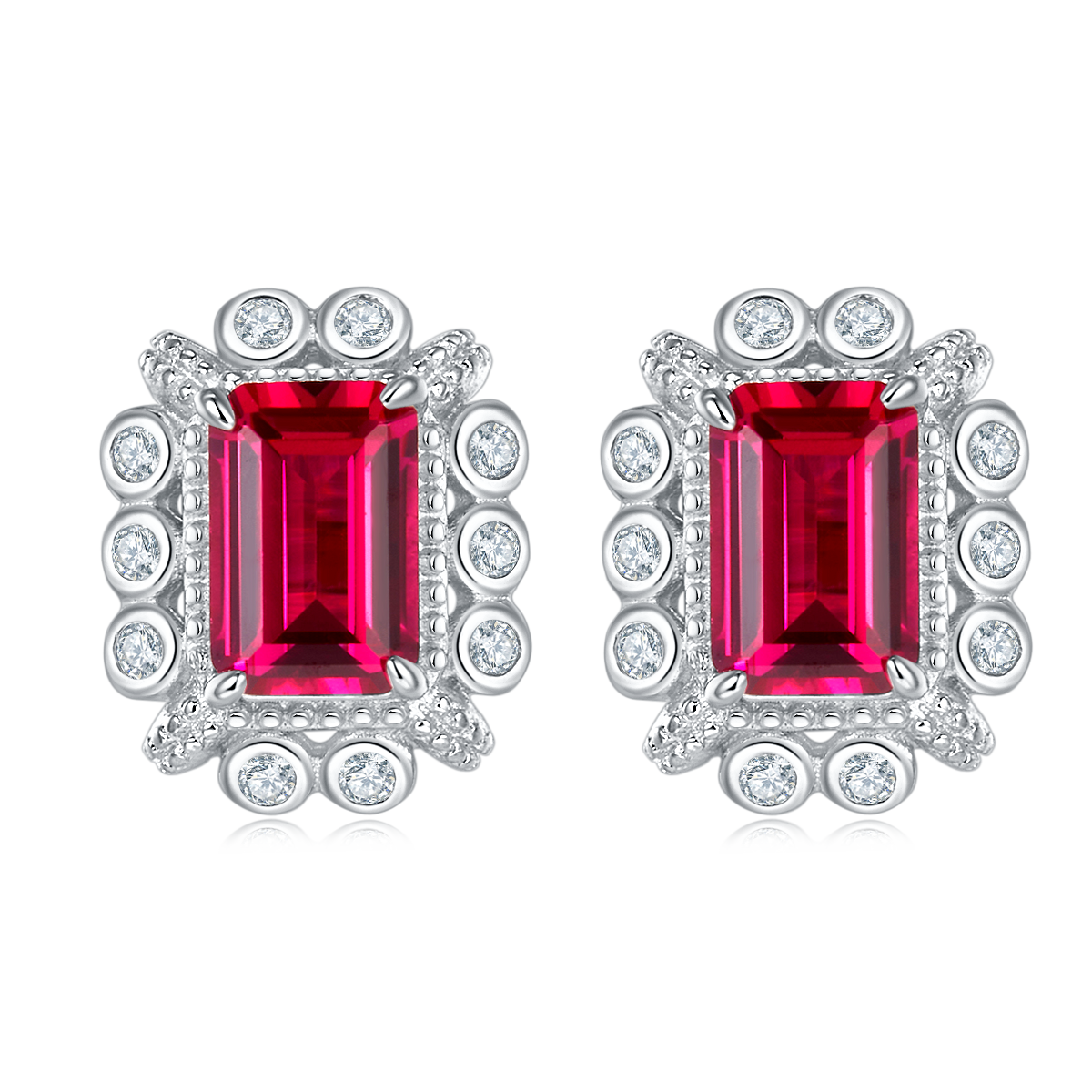 S925 Silver 2.2g Platinum Plated 1.6ct Lab-Created Ruby Stud Earrings, 6x4mm Emerald Cut, Pair