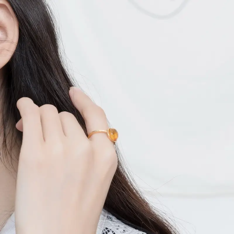 S925 Silver Natural Amber Geometric Round Ring