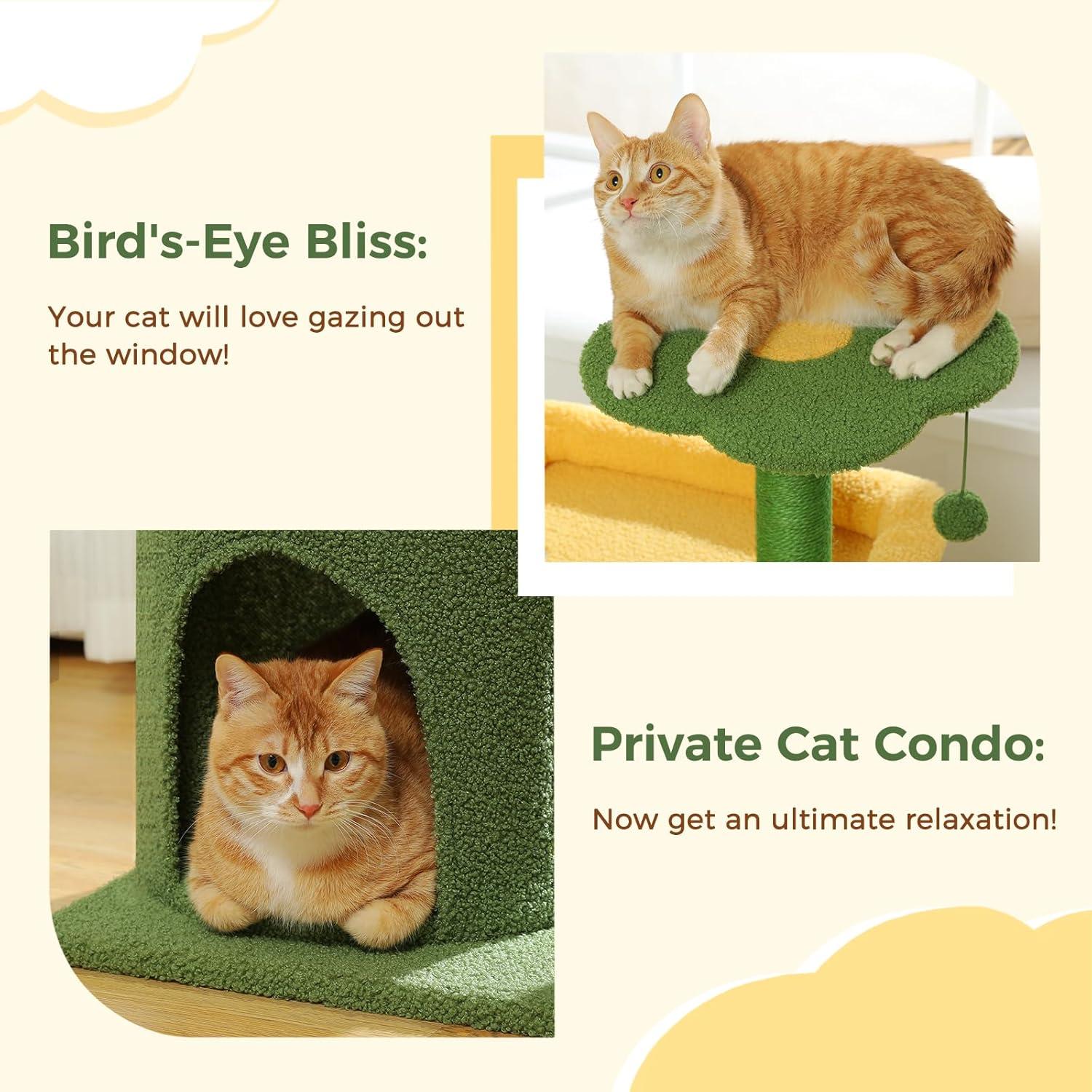 36.5 Inch Indoor Multi-layer Cactus Shape Cat Private Apartment Cat Tower With Cat Scratching Post And Plush Cat Bed
