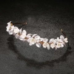 Golden Leaf Bridal Headwear Ceramic Flower Hair Ring - Gold - View 1