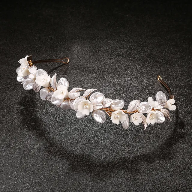 Golden Leaf Bridal Headwear Ceramic Flower Hair Ring Gold - Shop at LoveMi
